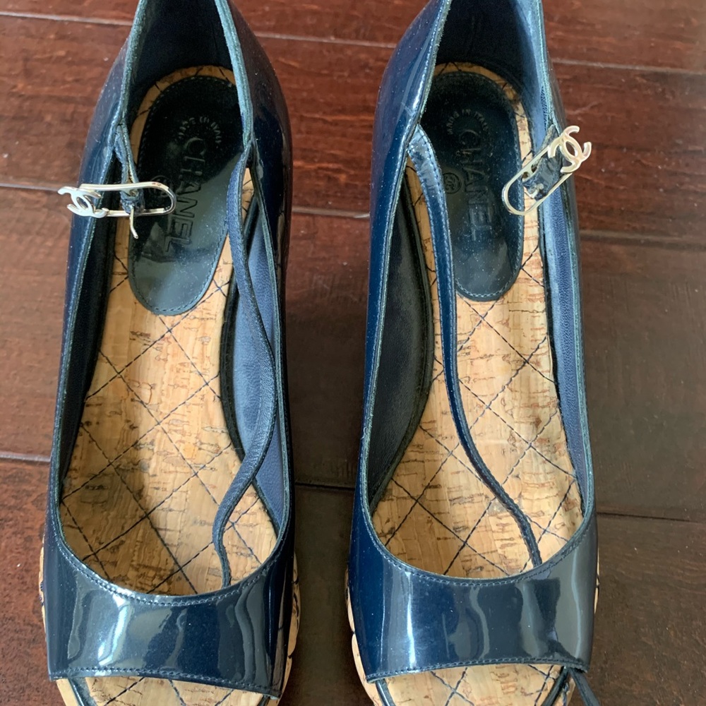 Chanel Patent Leather Peep Toe Quilted Wedges